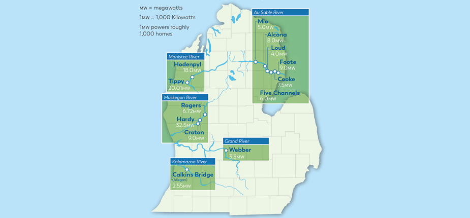 Map of the 13 hydroelectric dams previously owned by Consumers Energy